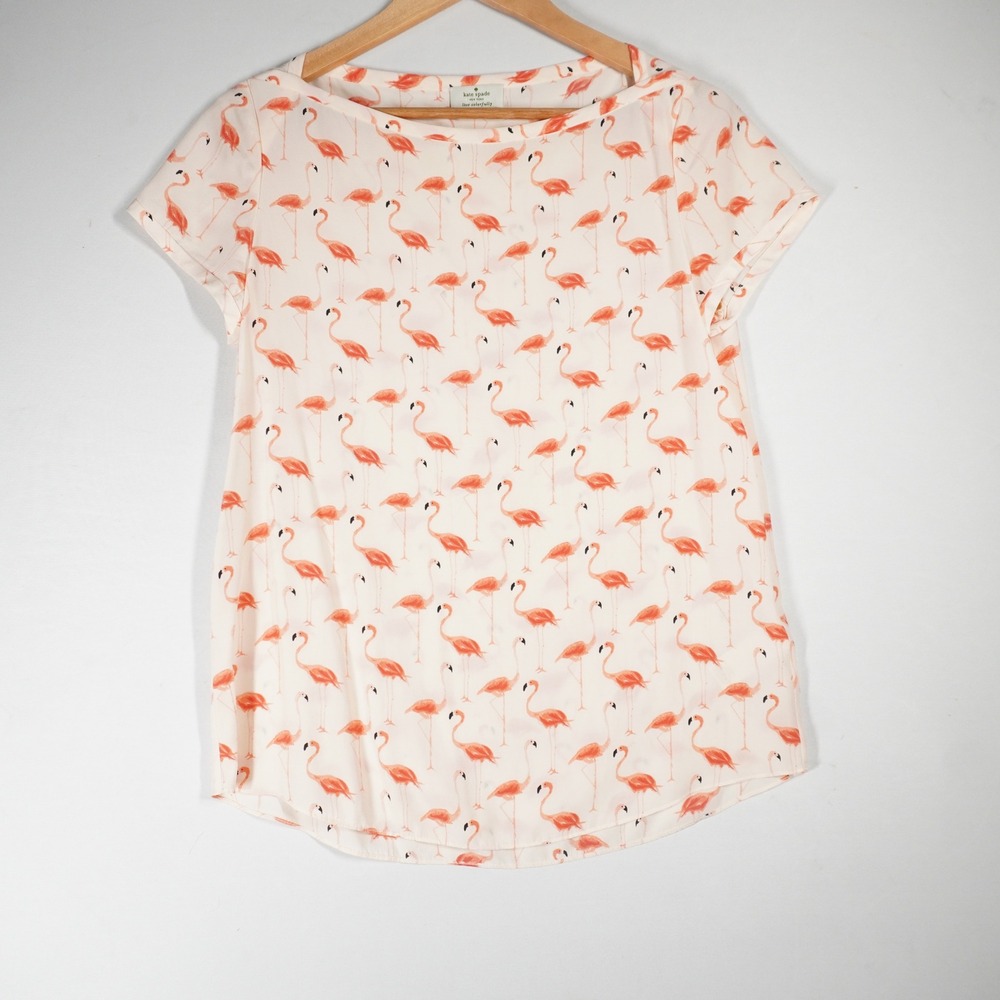 Kate Spade Flamingo Blouse Women 4 Cream Coral Silk Blend Tropical Preppy Top